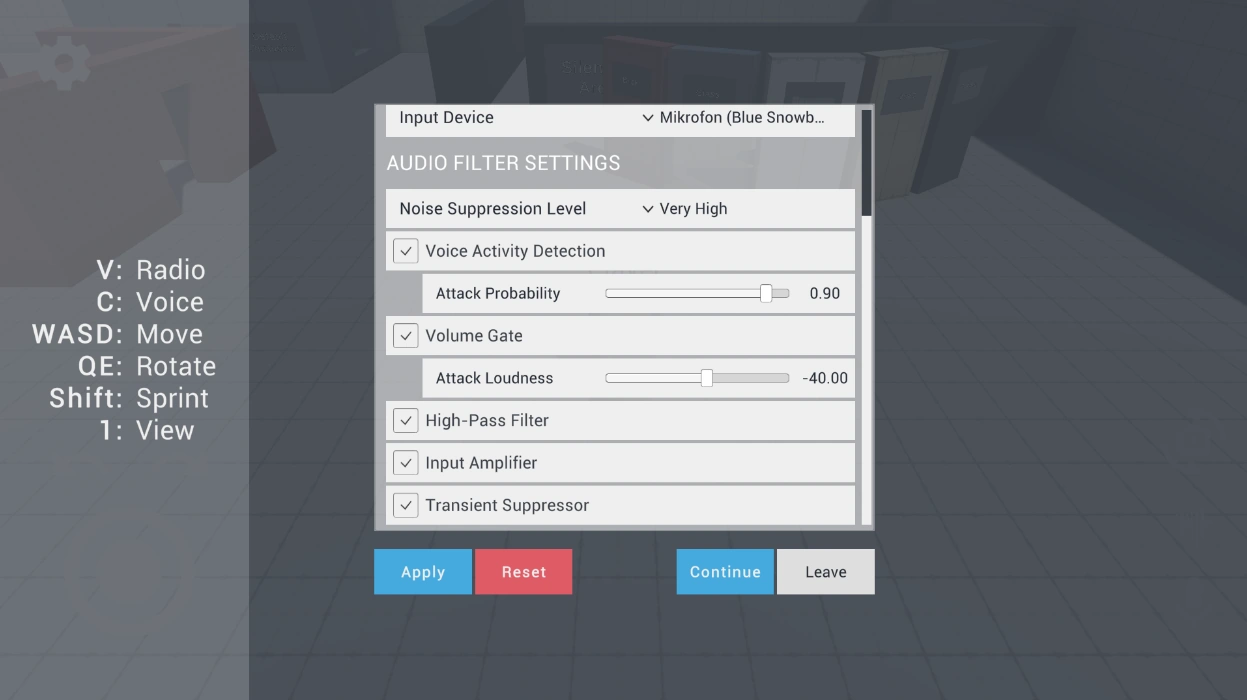 The UI for adjusting the Audio Filter Settings.