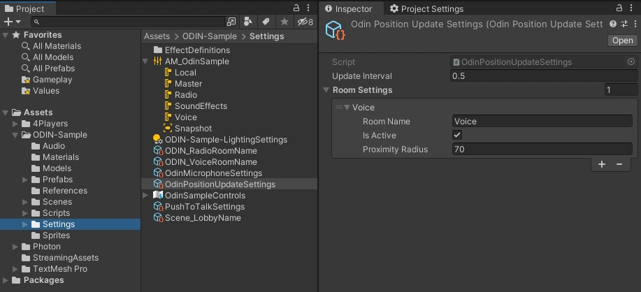 The ODIN room optimization and position update settings.