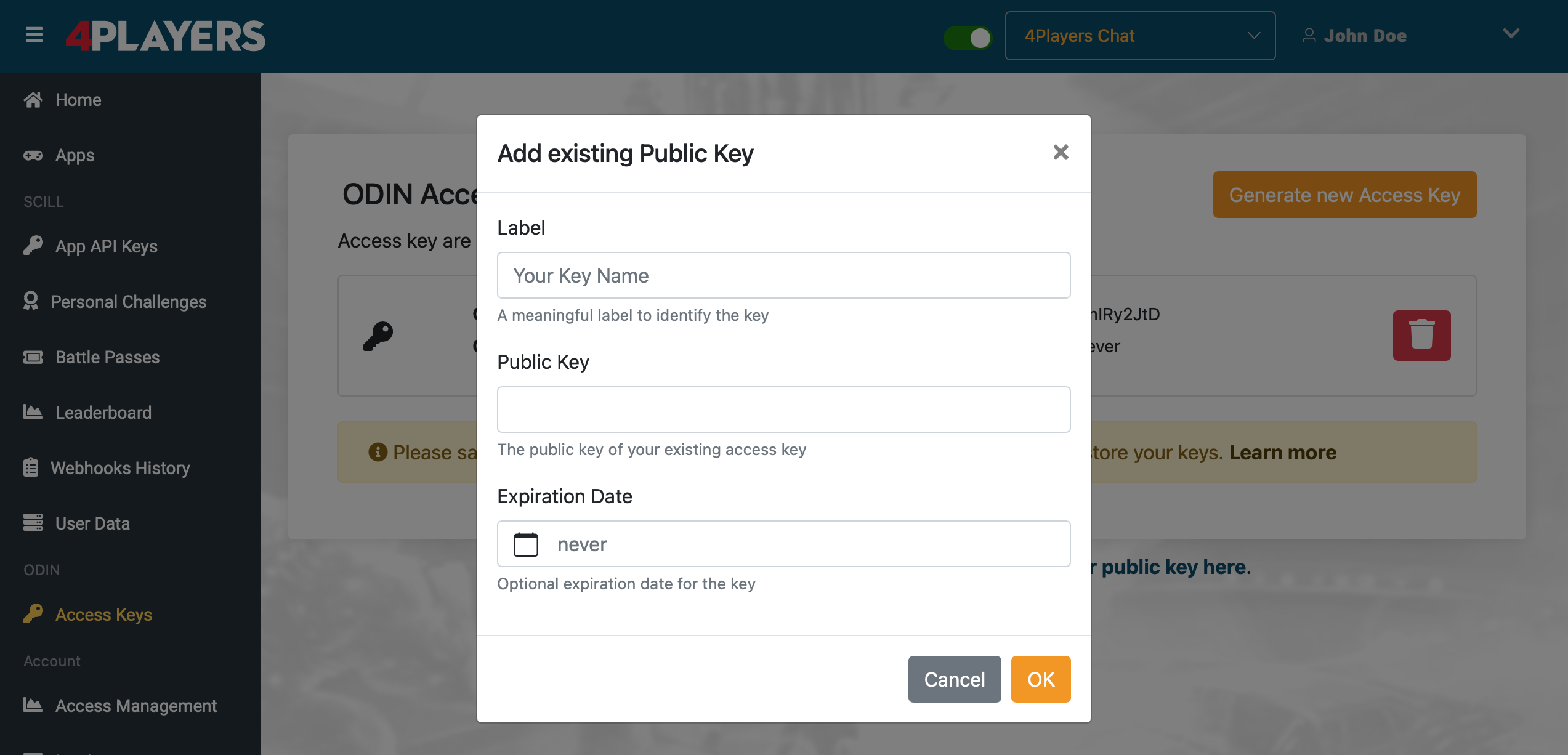 Submit a public key for an existing access key
