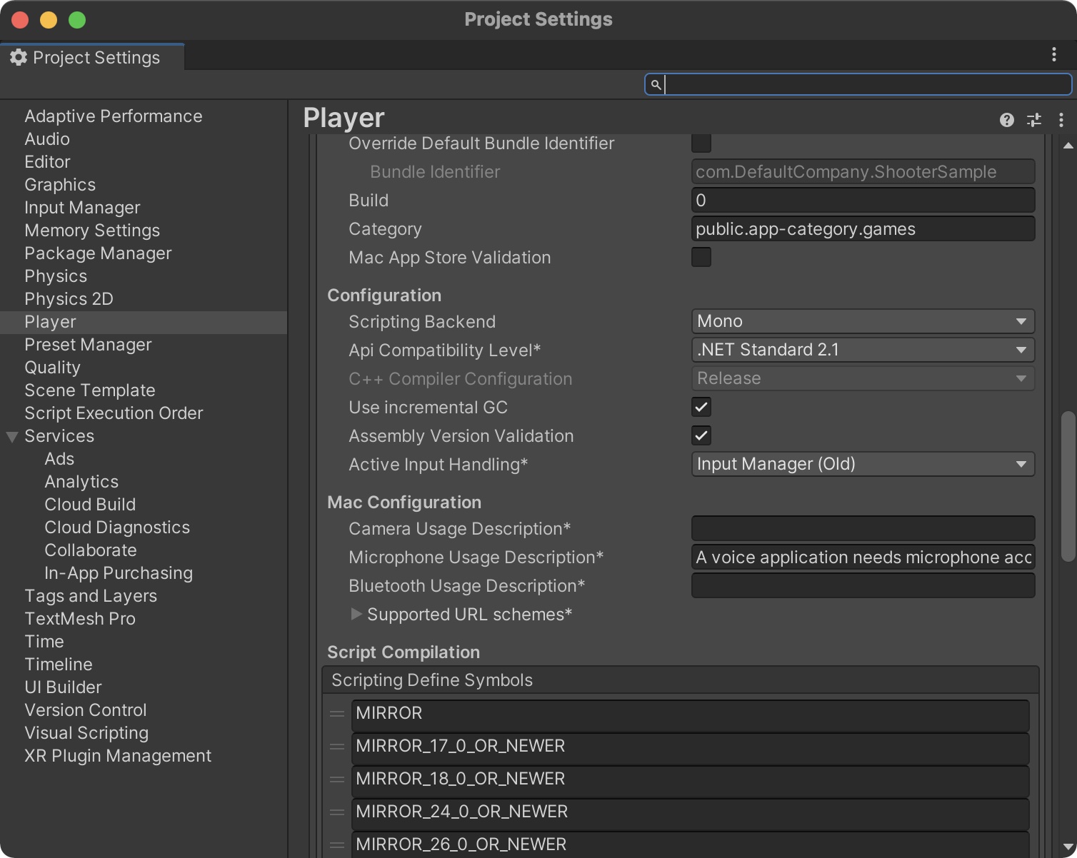 Player Settings with usage descriptions