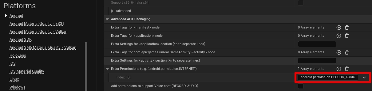 Android permissions in the project settings.