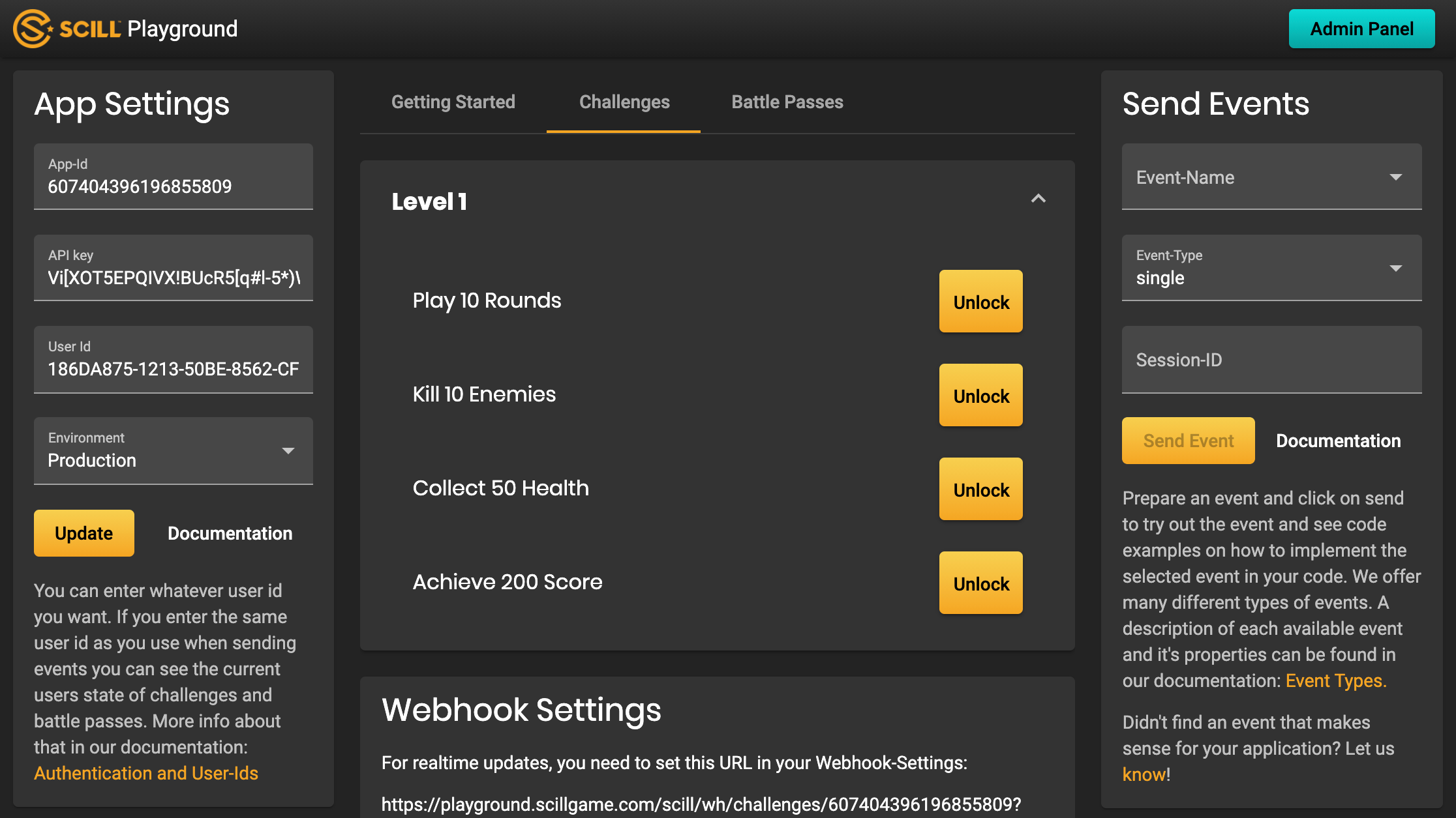 Playground Webhook set in the Admin Panel